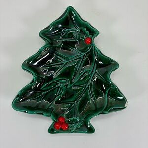 Lefton Ceramic Green Christmas Tree Holly and Berry Dish Plate #2691 Vintage